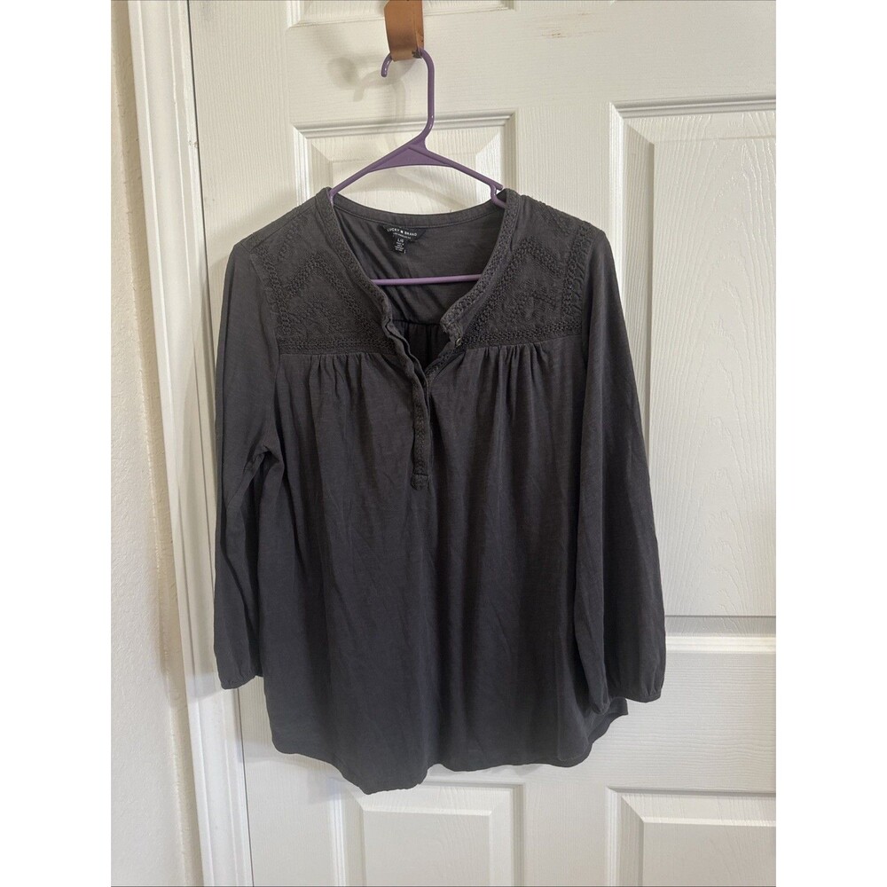 Lucky Brand Grey Peasant Top With Embellished Embroidery Boho